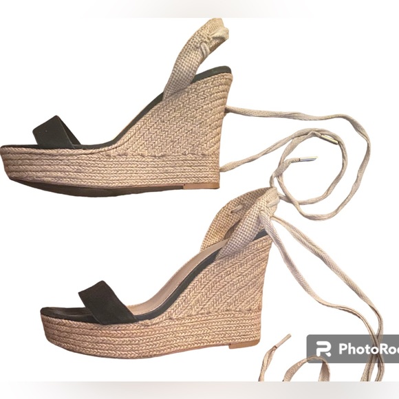 Victoria’s Secret Wedge Size 8 Platform Sandals lace up ankle black espadrilles - Picture 1 of 8